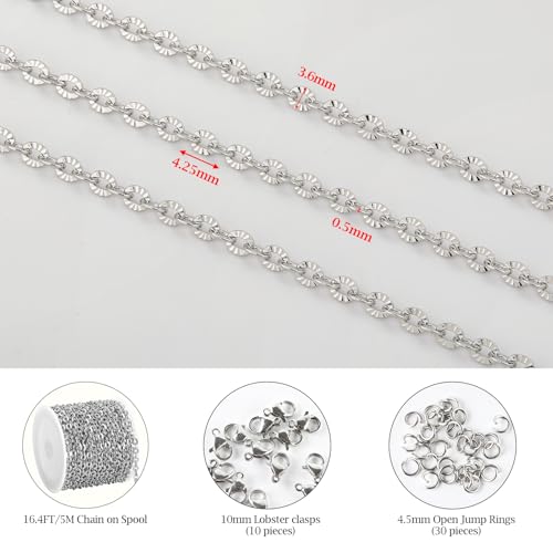 KYUNHOO 5M Flower Circle Chain Roll Silver Jewelry Chains for Necklace DIY | 304 Stainless Steel Chains Bulk Embossed Cable Link Sunflower Chain for Crafts Making - color: Oval Silver