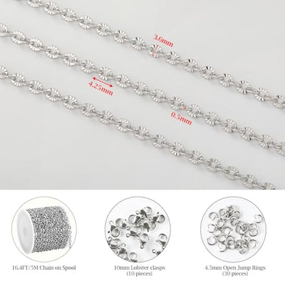 KYUNHOO 5M Flower Circle Chain Roll Silver Jewelry Chains for Necklace DIY | 304 Stainless Steel Chains Bulk Embossed Cable Link Sunflower Chain for Crafts Making - color: Oval Silver