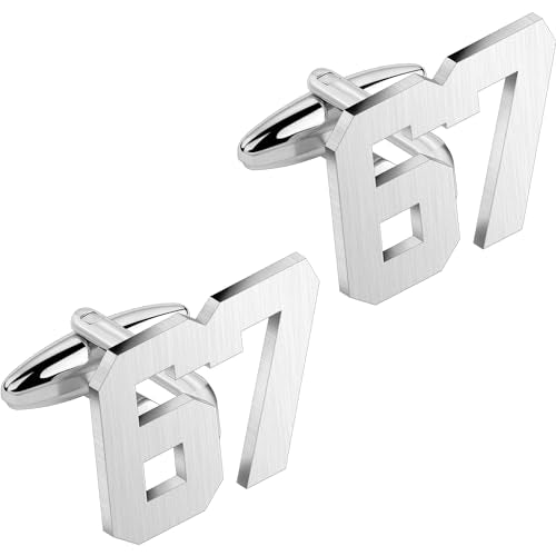 AMITER Mens Cufflinks with Number, Classic Silver Personalized Cuff Links for Men, Sport’s Day Casual or Formal Shirts - style: 67