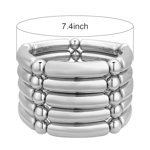 YBMYCM 5PCS Gold Chunky Bangles Bracelets for Women | 14k Gold Plated Stackable Layered Curved Bamboo Tube Stretch Bracelets Bangle Gift Jewelry - color: Gold