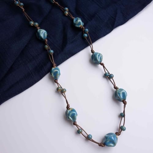 Bohemian Long Beaded Necklace for women, Colorful Hippie Long Layered Necklace, Handmade Boho Jewelry Gift for Mom - color: Teal Blue