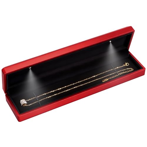 Hatori Long Chain Necklace Jewelry Gift Box with LED Light, Bracelet Storage Case, Jewellry Display Box for Wedding, Engagement, Proposal, Birthday, Anniversary - color: Red