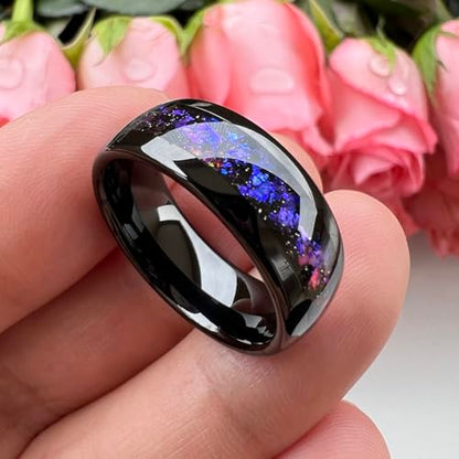 TUTISS 8mm Silver/Black/Gunmetal Tungsten Rings for Men Women Orion Nebula Opal Galaxy Fragment Inlay Fashion Jewelry Engagement Wedding Promise Band Polished Shiny Comfort Fit - color: 8mm Black Tungsten