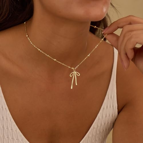 Thaivor Necklace for Women Dainty Bow Necklace 14K Gold Plated Cute Choker Small Pendant Charm Necklaces Teen Gift Trendy Stuff Personalized Jewelry Gifts - color: Gold-Bead-5