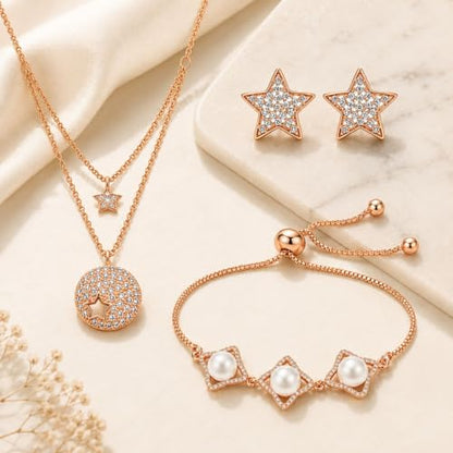 Nilu's Collection Infinity Shape Cubic Zirconia Diamond Bracelet for Women, Jewelry for Gift, Adjustable Charm Bracelet (Rose Gold Necklace + Bracelet) - color: Star Combo