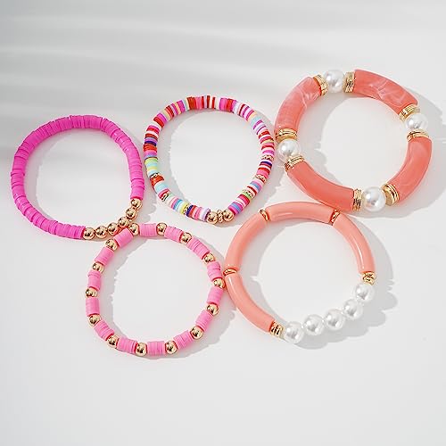 GOOJIDS Simple Beaded Gold Plated Bangles Bracelet Chunky Bamboo Tube Curved Stacking Clear Acrylic Colorful Beads Stretchable Gold Plated Bracelets Set For Women - color: A-A1 Mix Set