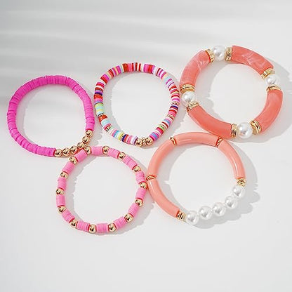 GOOJIDS Simple Beaded Gold Plated Bangles Bracelet Chunky Bamboo Tube Curved Stacking Clear Acrylic Colorful Beads Stretchable Gold Plated Bracelets Set For Women - color: A-A1 Mix Set