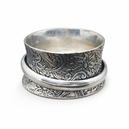 925 Sterling Silver Spinner Ring for Men & Women Engraved Floral Band Anxiety Relief Fidget Ring Meditation Ring Statement Jewelry Size 5 To 12