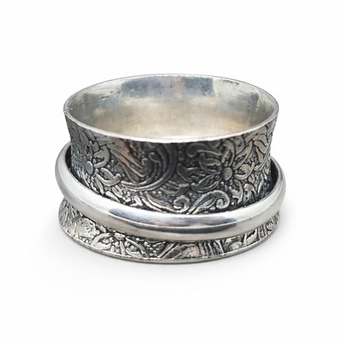 925 Sterling Silver Spinner Ring for Men & Women Engraved Floral Band Anxiety Relief Fidget Ring Meditation Ring Statement Jewelry Size 5 To 12