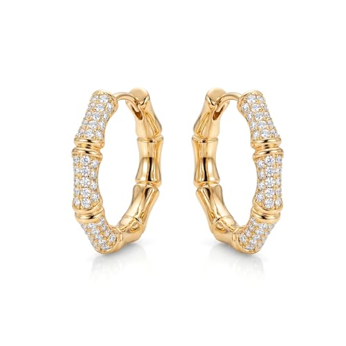 Women Gold Earrings Huggie Hoop Cubic Zirconia 14K Gold Plated Small Simple Hypoallergenic Everyday Jewelry - style: Bamboo