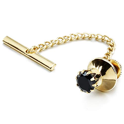 HAWSON Mens Tie Tack with Chain Round Crystal Wedding Business Accessories - color: Gold + Jet
