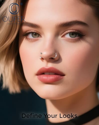 OUFER 2PCS Nose Rings Hoops, 20g Double Gem Horseshoe Threadless Nose Rings for Women, Septum Clicker Daith Tragus Helix Rook Eyebrow Lip Piercing Jewelry - color: Silver
