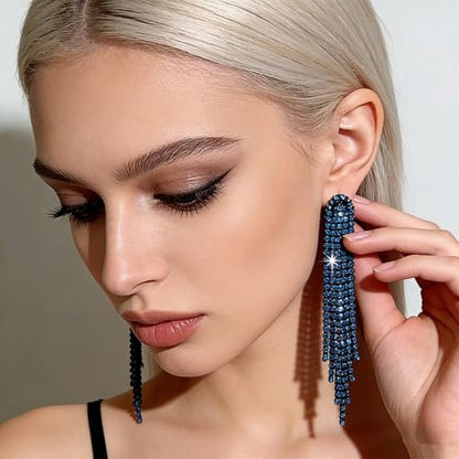 Rhinestone Earrings Dangling for Women Sparkly Silver Dangle Earrings Girls Long Chandelier Earrings Tassel Lightweight Ear Studs Cubic Zirconia (KE001S-W) - color: Dangle KE021BZ