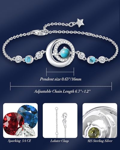 FANCIME Birthstone Bracelets 925 Sterling Silver Moon and Star Bangle Charm Bracelet Fine Jewelry Anniversary Birthday Mothers Day Gifts for Mom Her Women, Adjustable Chain 6.7"+1.2" Extend - color: link-12-turquoise