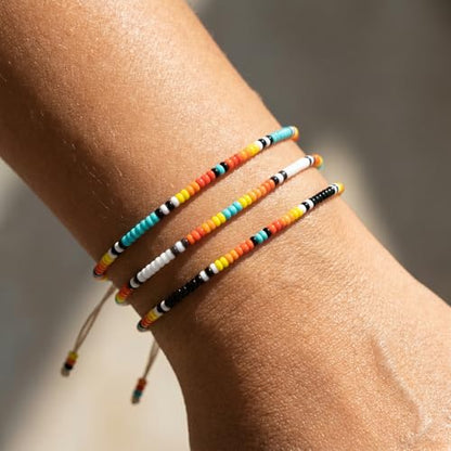 Seed Beaded String Rope Adjustable Bracelets Set for Women Men, Small Colorful Boho Rice 3Pcs Stack Handmade Thin Jewelry, Daily Beach Vacation Friendship Gift - color: Orange Blue F