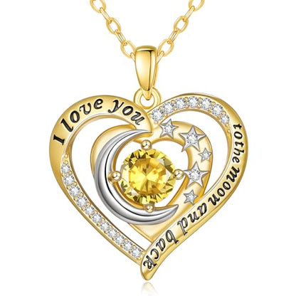 14K Gold I Love You to the Moon and Back Necklace for Women, Double Heart Birthstone Necklace, Moon Star Love Jewelry, Christmas Valentines Mothers Day Birthday Gifts for Wife Mom Girlfriend - color: 11-Nov Birthstone