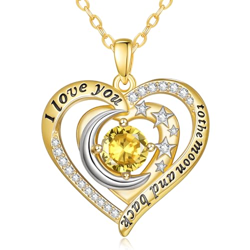 14K Gold I Love You to the Moon and Back Necklace for Women, Double Heart Birthstone Necklace, Moon Star Love Jewelry, Christmas Valentines Mothers Day Birthday Gifts for Wife Mom Girlfriend - color: 11-Nov Birthstone