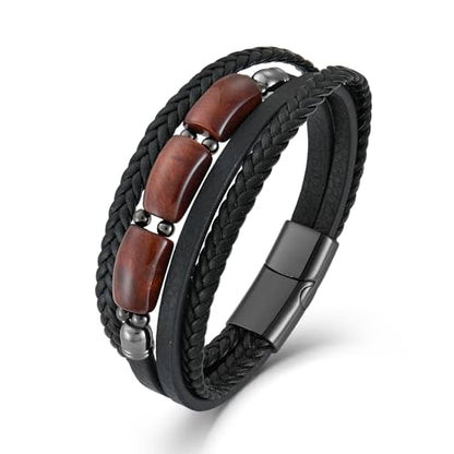 Mens Tiger Eye Leather Bracelet, Natural Tiger Eye Stone Multi-Layer Braided Cuff Bracelets for Men, Stainless Steel with Buckle Memorial Bangle Gifts for Him - color: Black4