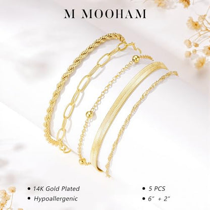 M MOOHAM Gold Bracelets Set for Women No Tarnish | 14K Gold Plated, Dainty Stackable Bracelets Stack for Women, Herringbone Paperclip Rope Cuban Chain Bracelet Set Stack - color: 8.Rope Snake Paperclip Set 2