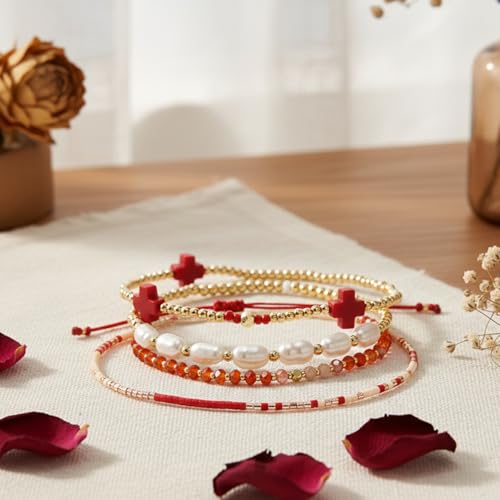 5Pcs Stack Gold Plated Ball Beaded Bracelets Set for Women, Boho Handmade Colorful Glass Pearl Stretch Accessories Jewelry, Summer Beach Daily Wear Holiday Friendship Gift - color: Red Cross