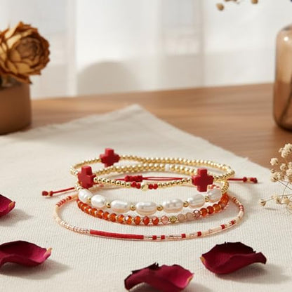 5Pcs Stack Gold Plated Ball Beaded Bracelets Set for Women, Boho Handmade Colorful Glass Pearl Stretch Accessories Jewelry, Summer Beach Daily Wear Holiday Friendship Gift - color: Red Cross