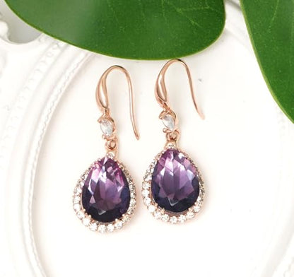 Crystal Drop Earrings for Women Cubic Zirconia Teardrop Earrings Sparkling Rhinestone Dangle Earring - color: Gold Purple
