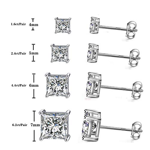 925 Sterling Silver Stud Earrings 4 Prong Princess Cut Square Cubic Zirconia Ear Stud for Women Men CZ 4mm-7mm - style: White Gold--2.40cttw (5mm)