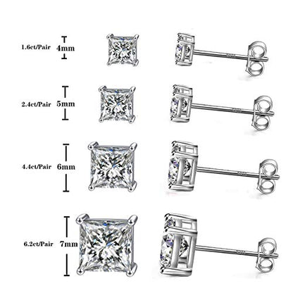 925 Sterling Silver Stud Earrings 4 Prong Princess Cut Square Cubic Zirconia Ear Stud for Women Men CZ 4mm-7mm - style: White Gold--2.40cttw (5mm)