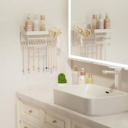 Lolalet Wall Mounted Hanging Jewelry Organizer, 15 Hooks Wooden Necklaces Holder with Storage Shelf, Easy Install Earrings Bracelets Hanger -White - color: White