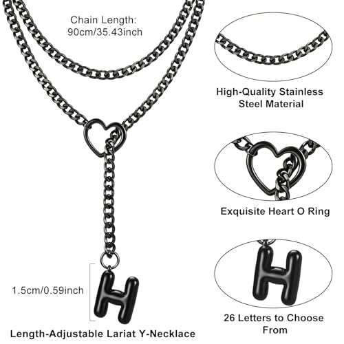 Black Heart Slip Chain Initial Necklaces for Women, Stainless Steel Wrap Choker Necklace, Gothic O-Ring Adjustable Lariat Y Necklaces, Punk Cuban Collar Choker Necklace, Halloween Jewelry Gift - color: Black H