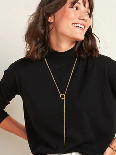 FOCALOOK Long Necklaces for Women, 14K Gold Plated Lariat Drop Bar Pendant | Hypoallergenic, 28"-30" Long Y-Shaped Chain, Layered Look, Minimalist Trendy Jewelry, Pairs Perfectly with V-Necklines - color: 01:Gold