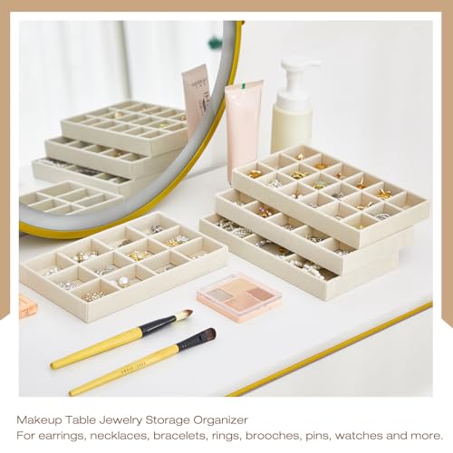 12 Pcs Jewelry Tray Velvet Stackable Jewelry Organizer Trays Divided Earring Accessories Storage Containers Box (Rose Red) - color: Beige