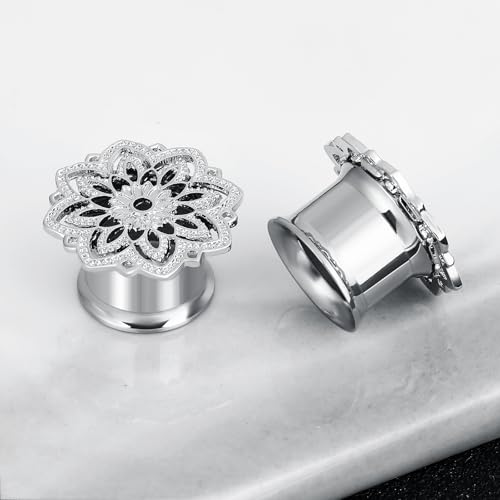 Tunnels Gauges, 2PCS Stainless Steel Tunnel Set Hollow Flower Single Flared Ear Gauges Flesh Tunnel Plugs 4G - 3/4 inch Ear Piercing Jewelry - size: 00G(10mm)