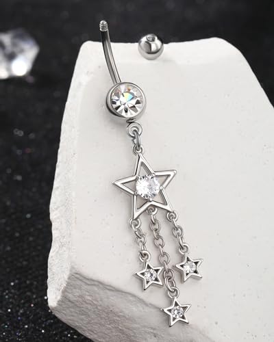 Dangle Belly Button Rings 14G Star Dangly Belly Navel Rings for Women Silver Belly Piercing Jewelry Dangling Stainless Steel - color: Silver