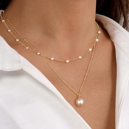 Ritach Pearl Necklaces for Women - Real Gold Plated Dainty Pearl Necklace Daisy Round Drop Pearl Choker Necklace Layered Gold Necklace for Women Teen Girls Bridesmaid Wedding Birthday Gifts - style: Gold-Layered Satellite Pearl