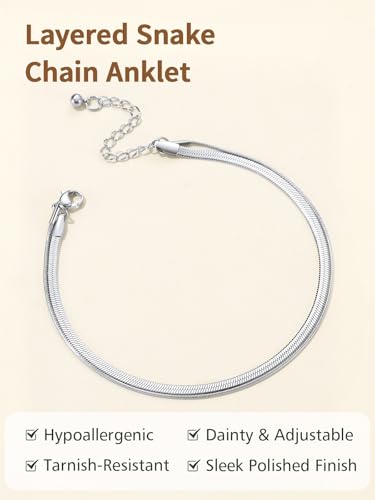FindChic Ankle Bracelets for Women, Silver/Black/Gold Plated Layered Stainless Steel Anklets, Non-Tarnish Adjustable Waterproof Trendy Foot Jewelry for Beach Summer - style: Layered Snake Chain-Silver