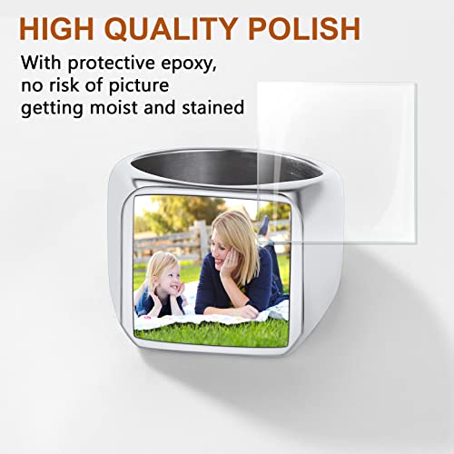 FindChic Customized Signet Photo Rings Square/Heart/Round Chunky Band Ring Stainless Steel/18K Gold Plated/Black Size 7 to 14 Personalized Jewelry for Men Women, Send Gift Box - color: 01. square-no stones (stainless steel)