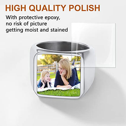 FindChic Customized Signet Photo Rings Square/Heart/Round Chunky Band Ring Stainless Steel/18K Gold Plated/Black Size 7 to 14 Personalized Jewelry for Men Women, Send Gift Box - color: 01. square-no stones (stainless steel)