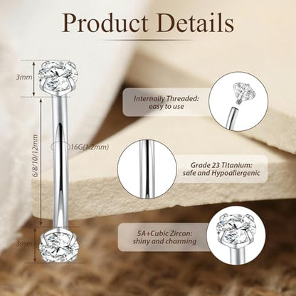 PEAKLINK G23 Titanium Eyebrow Piercing Jewelry 16G Eyebrow Rings Curved Barbell Small Belly Ring Rook Daith Earrings Vertical Labret Lip Piercing 6mm-12mm - color: Silver