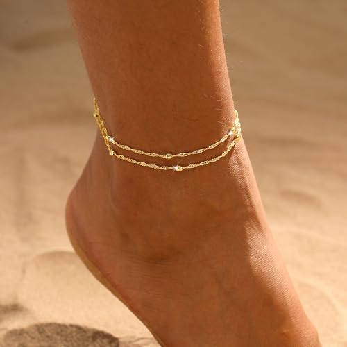 ASCOMY Ankle Bracelets for Women 14K Gold/Silver Plated Anklets for Women Waterproof Layered Cute Beads Dot Shining Twist Rope Chain Pearl Bar Link Heart Anklets Summer Beach Foot Chain Jewelry Gifts - style: Beads Link-GD