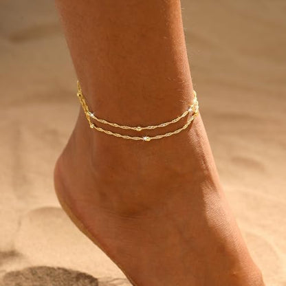 ASCOMY Ankle Bracelets for Women 14K Gold/Silver Plated Anklets for Women Waterproof Layered Cute Beads Dot Shining Twist Rope Chain Pearl Bar Link Heart Anklets Summer Beach Foot Chain Jewelry Gifts - style: Beads Link-GD