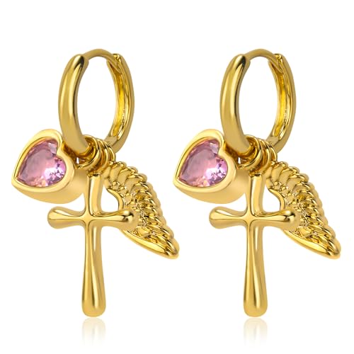 Dangle Gold Charm Earrings for Women 14K Gold Plated Bow Cherry Rose Zirconia Dragonfly Love Heart Wing Cross Pearl Conch Seashell Huggie Hoop Earring Drop Cross Trendy Party Jewelry Gifts for Women - style: Cross and Wing