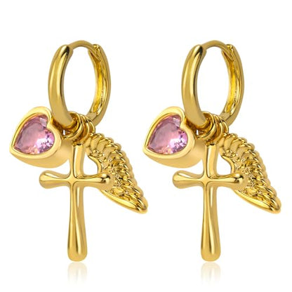 Dangle Gold Charm Earrings for Women 14K Gold Plated Bow Cherry Rose Zirconia Dragonfly Love Heart Wing Cross Pearl Conch Seashell Huggie Hoop Earring Drop Cross Trendy Party Jewelry Gifts for Women - style: Cross and Wing
