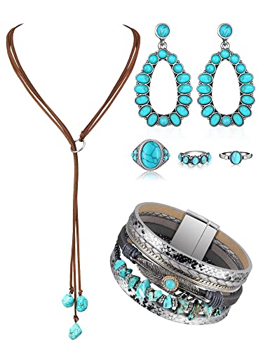 Ecally Bohemian Western Jewelry Turquoise Set Women Country Pendant Long Choker Layered Bracelets Earrings Ring for Women - color: Turquoise, style: Cowgirl