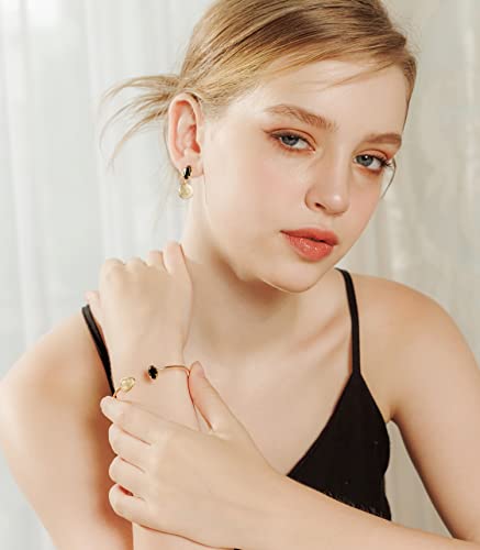 OZEL – Women’s Gold Cuff Bracelets – 18K Gold Plated Textured Bangles with Multi-Color Crystal & Rhinestone Accents – Layered Stacking Jewelry - color: Black