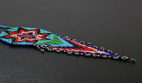 Handmade Native American Style Tribal ethnic Seed Bead Beaded Layered Medallion Necklace 4 - color: Skyblye Red & Green