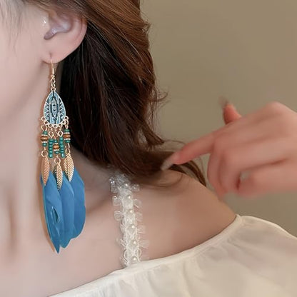 Boho Feather Tassel Dangle Earrings for Women Gold Plated Vintage Enamel Blue Beaded Peacock Feather Light Charms Drop Dangling Fish Hook Stud Bohemian Festival Party Jewelry