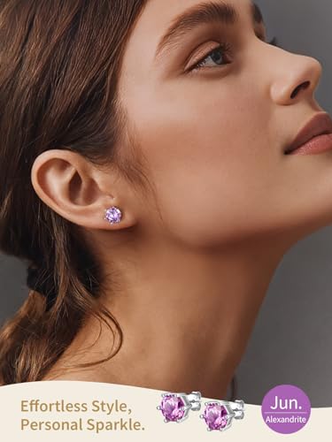 FindChic 2 Carat Birthstone Stud Earrings for Women, Round/Heart/Princess Cut Stud Earrings, Hypoallergenic Studs with 925 Sterling Silver Posts, 12 Months Birthday Jewelry Gift - color: 06. June-Alexandrite(Round Cut )