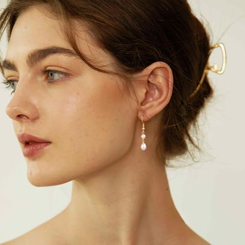 Robaice Pearl Earrings for Women, 14K Gold Plated Dangle Drop Earrings | Small Pearl Drop Huggie Hoop Earrings, Hypoallergenic Dainty Gold Earrings, Wedding Jewelry Gifts for Women Trendy - style: gold two pearl earrings