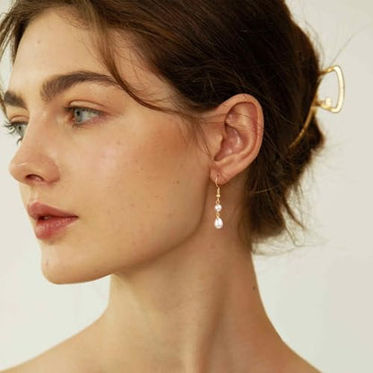 Robaice Pearl Earrings for Women, 14K Gold Plated Dangle Drop Earrings | Small Pearl Drop Huggie Hoop Earrings, Hypoallergenic Dainty Gold Earrings, Wedding Jewelry Gifts for Women Trendy - style: gold two pearl earrings
